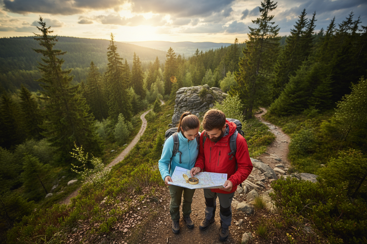 A couple using a map and compass on a trail, representing the guidance provided by couples therapy for trust issues.