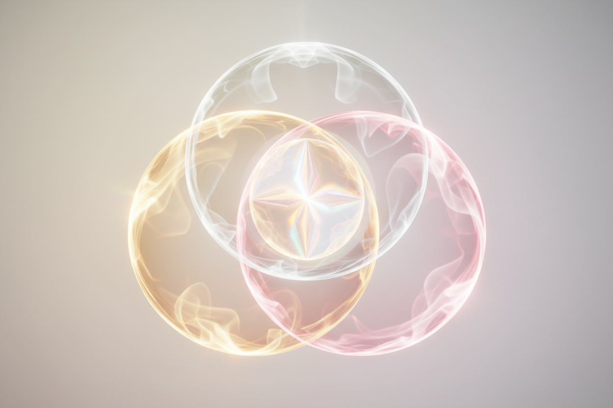 Three overlapping circles of light in gold, rose, and silver, representing the emotional, physical, and intellectual layers of intimacy in a relationship.