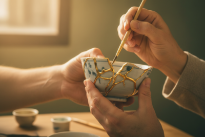 A couple's hands working together to mend a broken bowl with gold, in the style of Kintsugi, symbolizing rebuilding a marriage after infidelity.