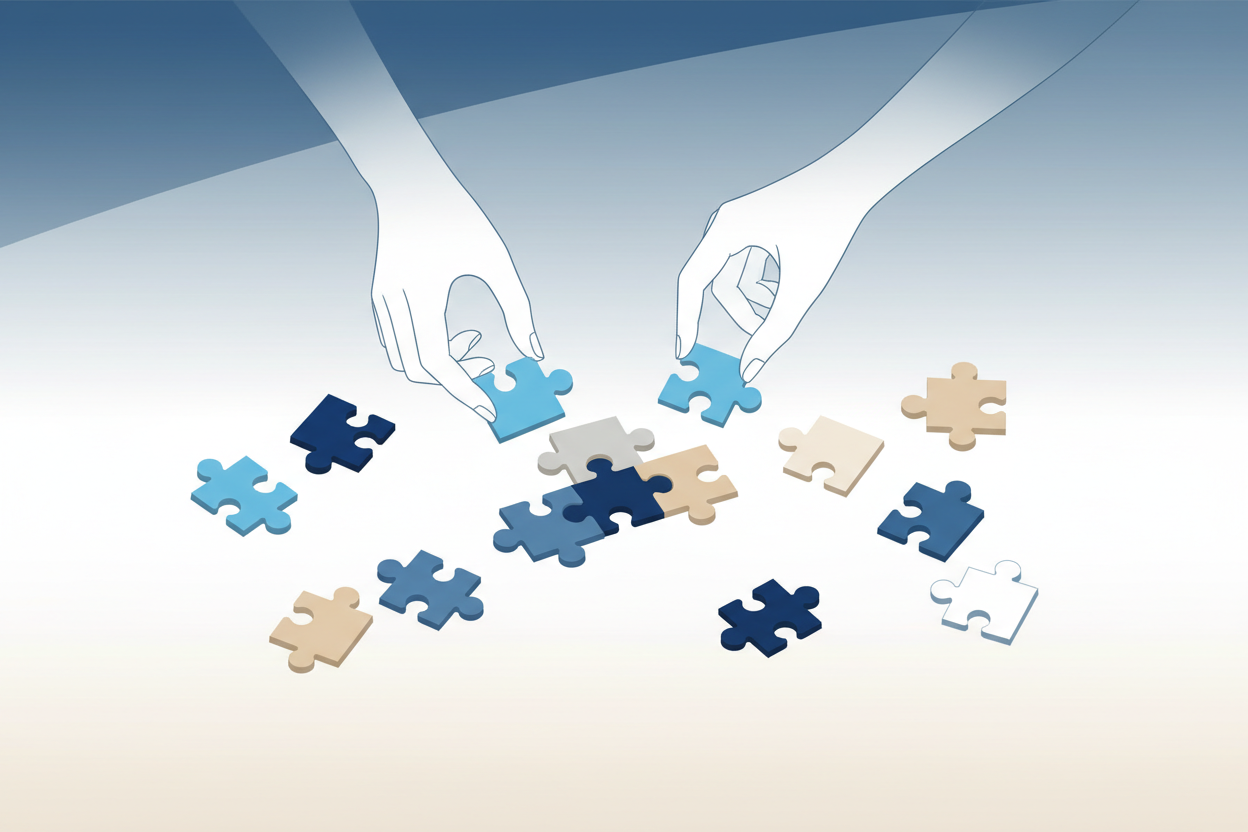 Puzzle pieces from two different sets being merged, symbolizing the challenges of blended family counseling.