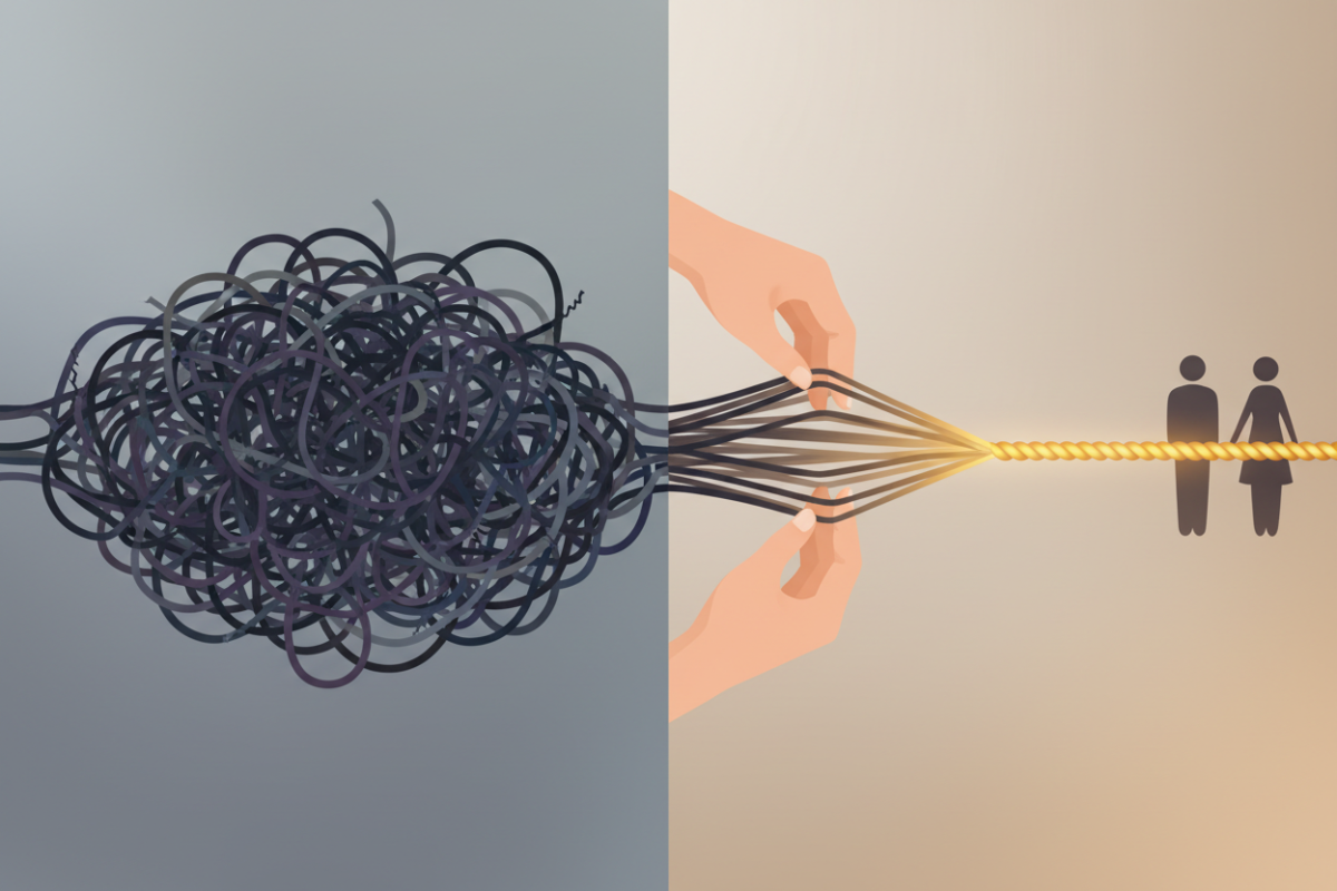 Hands untangling a chaotic knot of anxiety into a straight rope of connection, symbolizing couples therapy for jealousy.