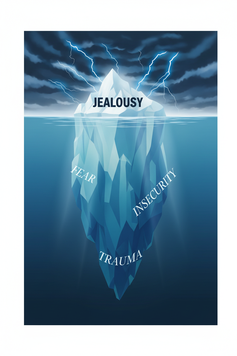 An iceberg metaphor showing that jealousy is just the tip, with fear and insecurity hidden beneath the surface.