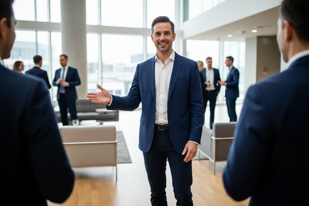 A person speaking confidently and using open gestures, symbolizing assertive communication skills.