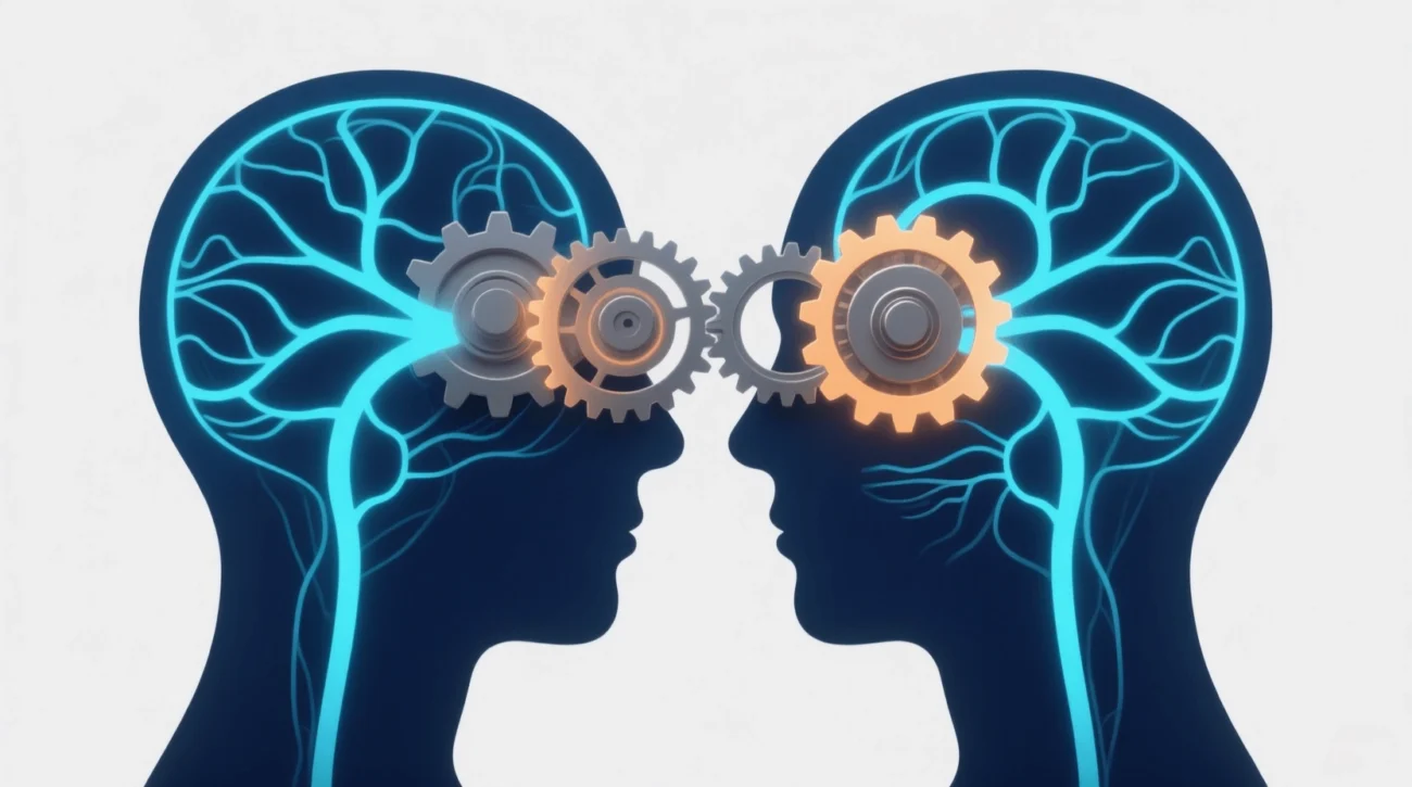 Conceptual illustration of gears and neural pathways in two heads, representing cognitive behavioral therapy for couples changing negative thought patterns.