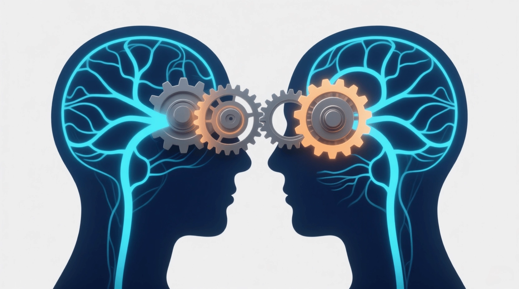 Conceptual illustration of gears and neural pathways in two heads, representing cognitive behavioral therapy for couples changing negative thought patterns.