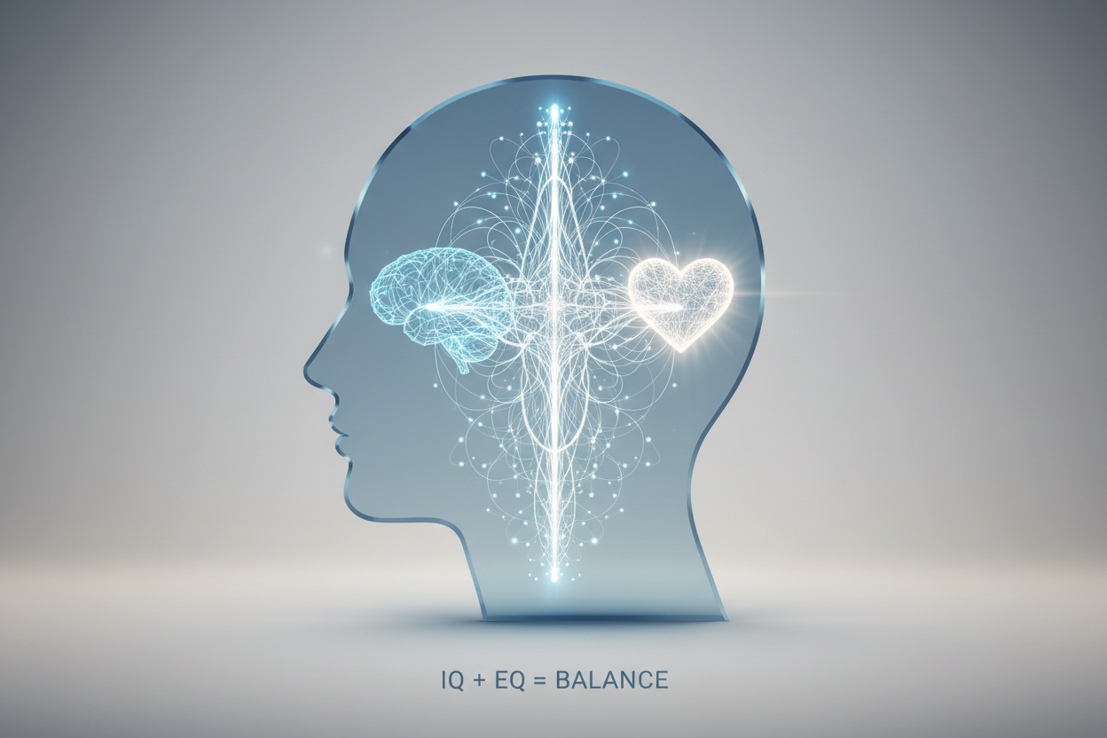 Illustration of a brain and heart connected, representing the balance of logic and emotion in high-EQ communication.