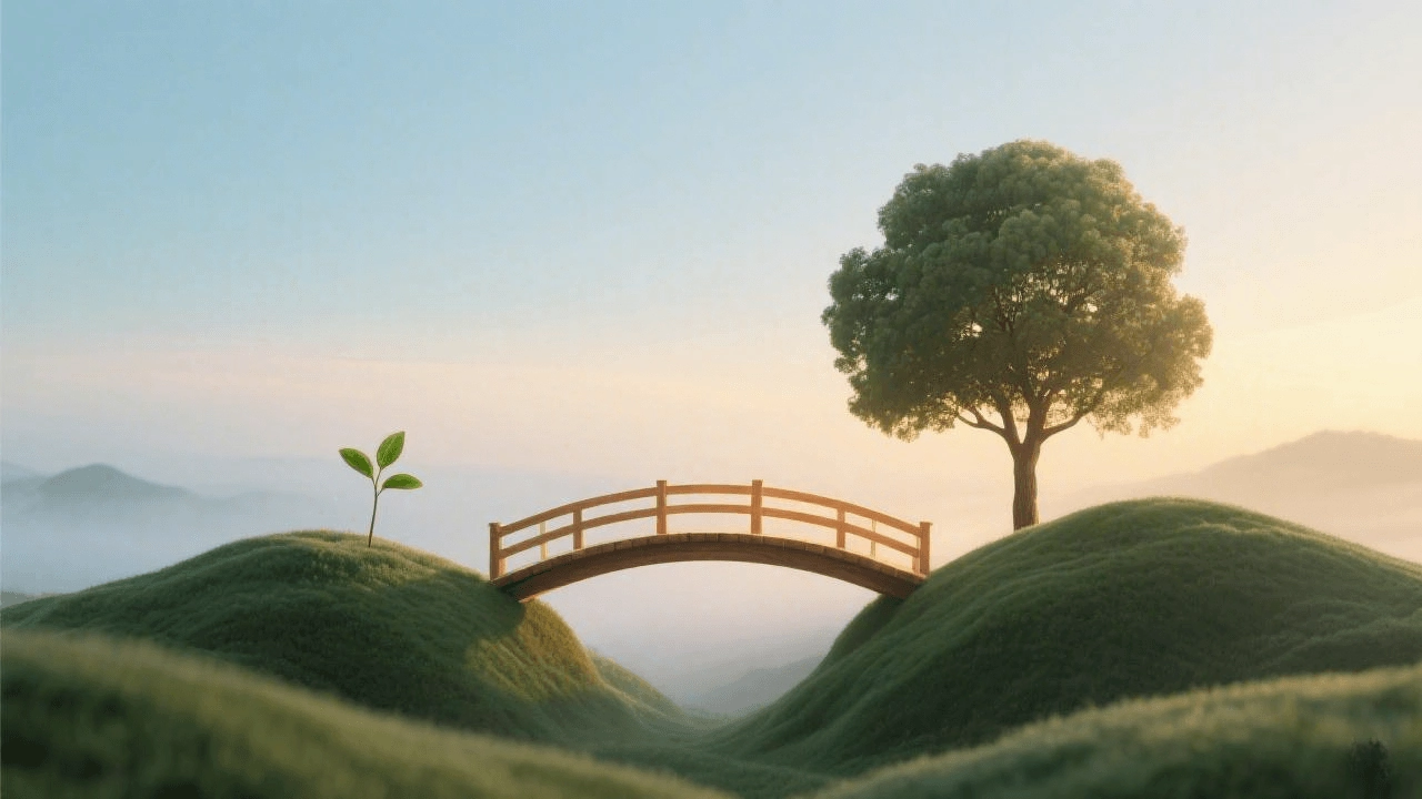 A conceptual wooden bridge connecting a seedling and a mature tree, symbolizing the generation gap bridged by parent and family counseling.