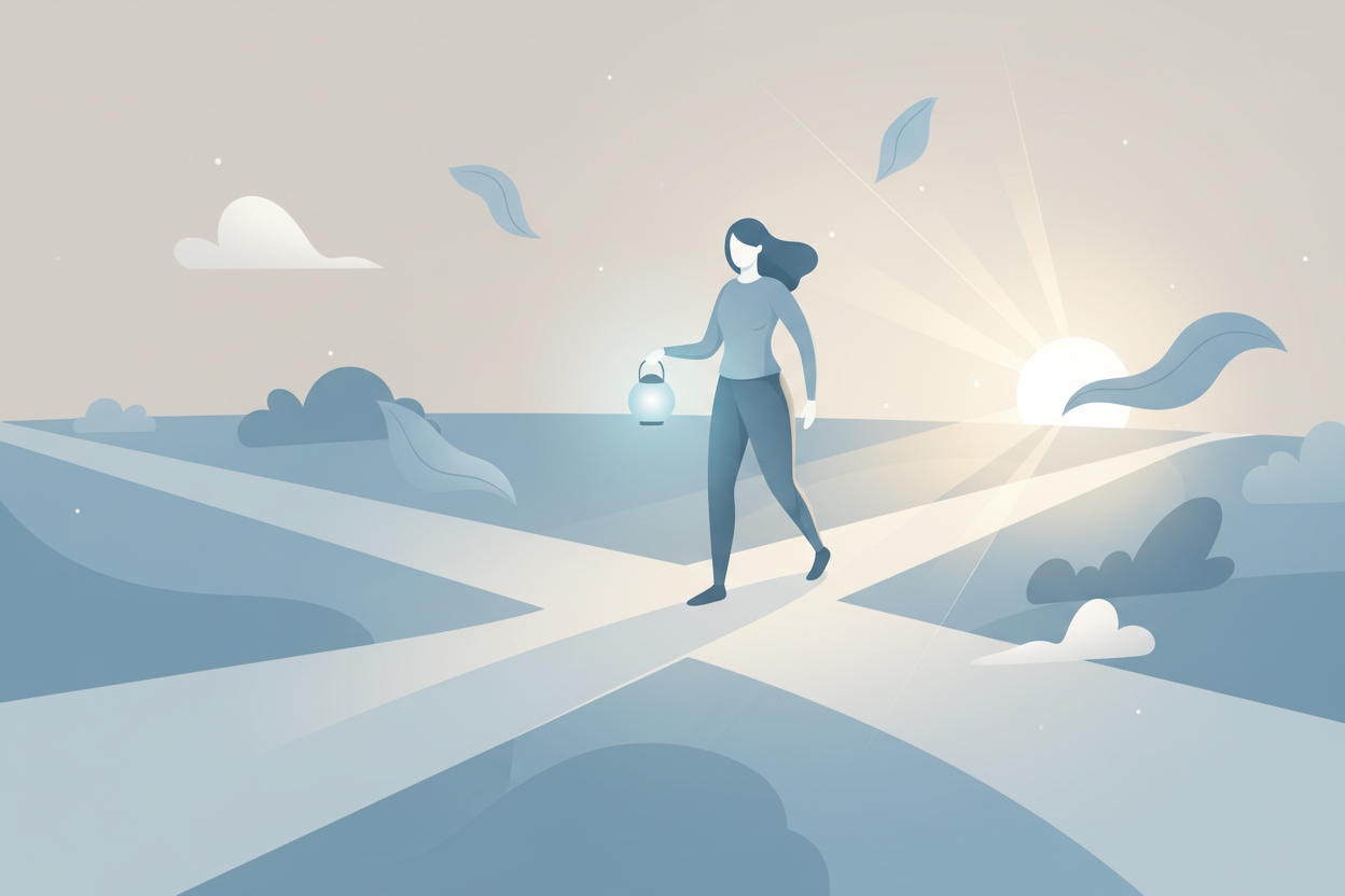 A person confidently taking a step forward on a lit path, symbolizing the choice of going to therapy alone when a partner refuses counseling.