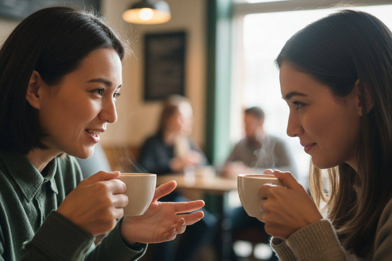Two people smiling and connecting over coffee, representing the successful use of repair attempts in a relationship.