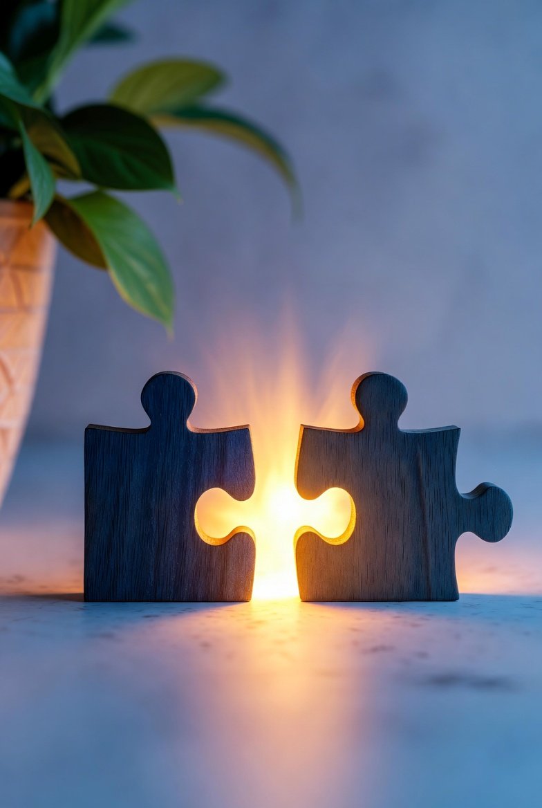 Two wooden puzzle pieces with golden light between them, representing conflict resolution in marriage.