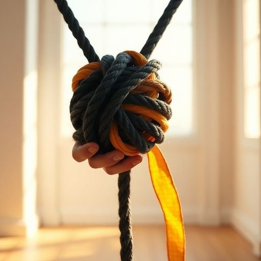 Hands untying a dark knot that turns into golden silk, symbolizing healing from relationship trauma.