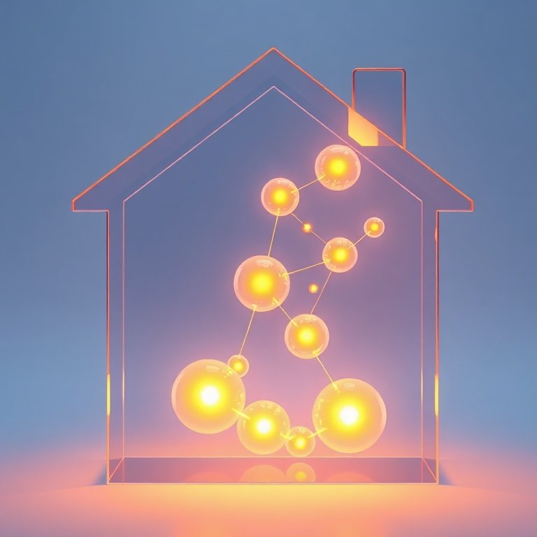 A glowing conceptual house with connected spheres of light, representing integrated family and marriage counseling.