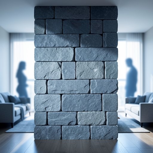 A stone wall in the middle of a living room, symbolizing stonewalling and the silent treatment in relationships.