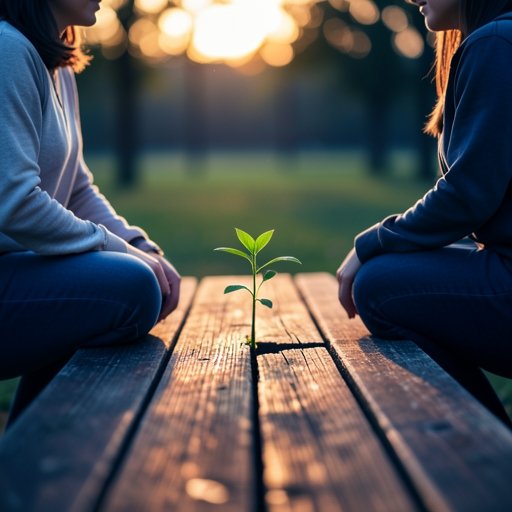 Two people on a bench looking at a small green sprout growing between them, representing how to repair a marriage when growing apart.