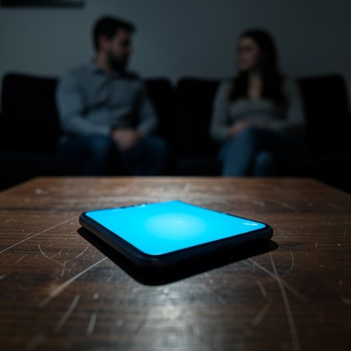 A glowing smartphone on a table with a distant couple in the background, symbolizing digital cheating and the need for online affair recovery.